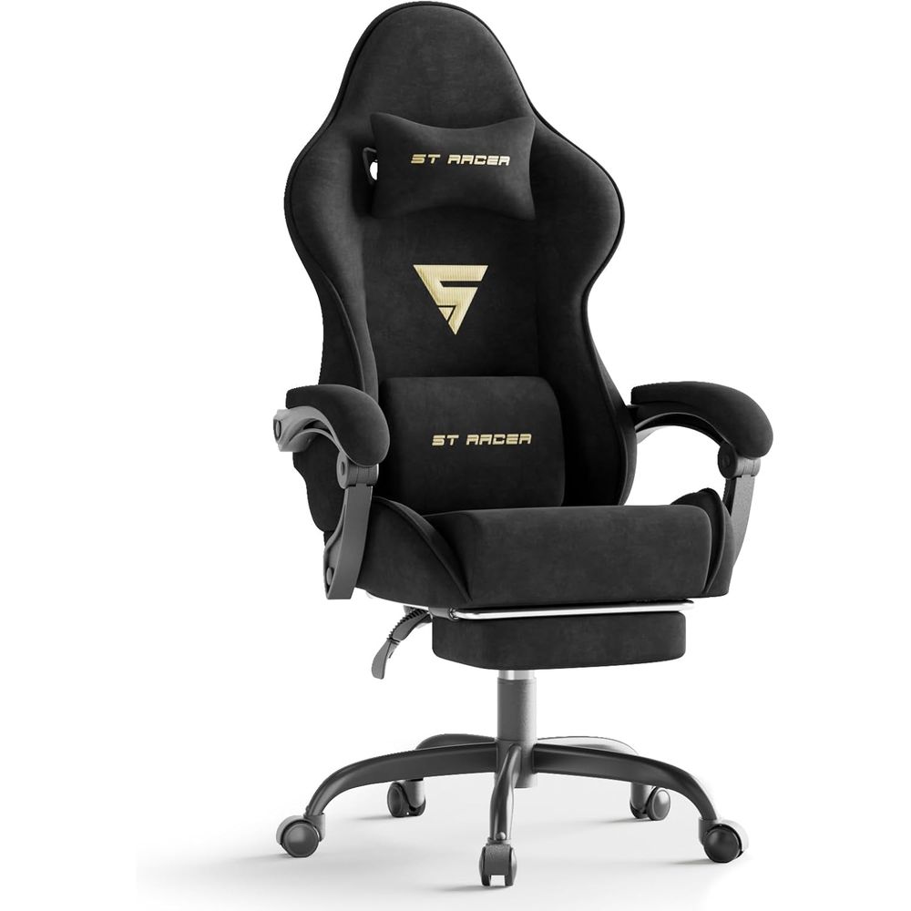 Pc Gaming Usa - ベルベット生地のエルゴノミクスゲーミングチェア、フットレストとマッサージ機能付き、ハイバックリクライニングコンピューターゲーマーチェア（大人用）、レーシングスタイルPCチェア