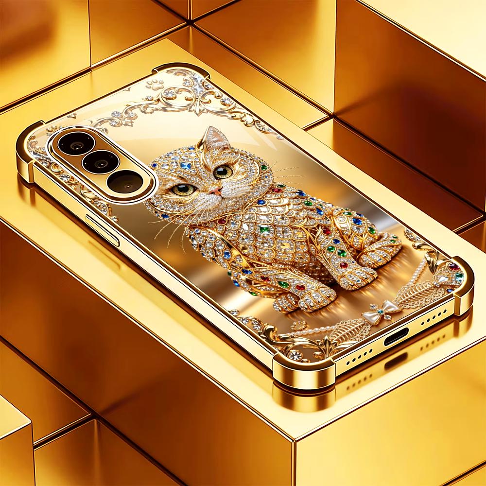 Pc Case Tempered Glass - かわいい宝石柄の金色の猫の強化ガラス製ファッション携帯ケース、Samsung Galaxy S26/S25/S24/S23/S22/S21 FE Ultra Plus用、耐衝撃性あり