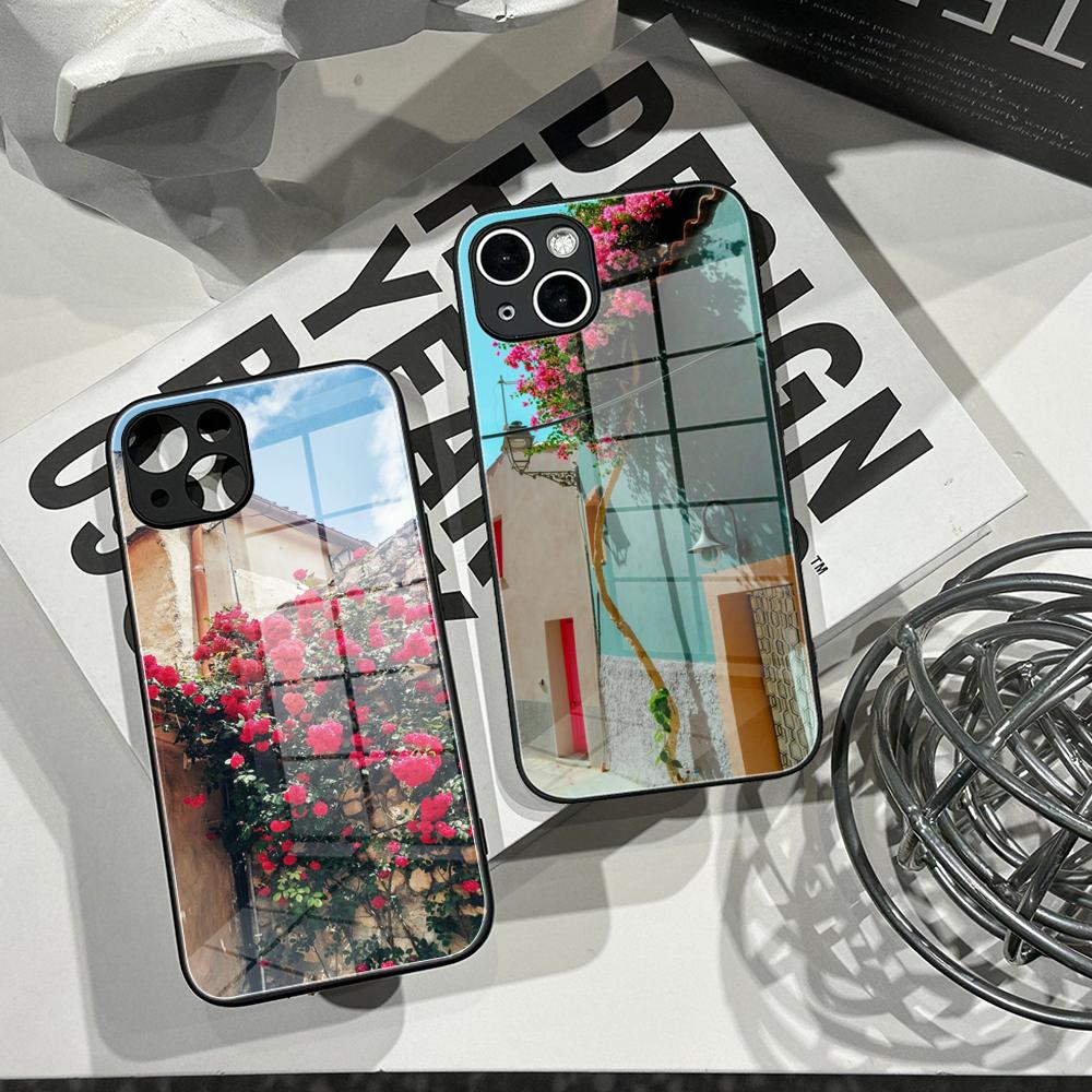 Pc Case Tempered Glass - HDフラワーウォールフォンケース 強化ガラスシェル iPhone 16ProMAX 14 12