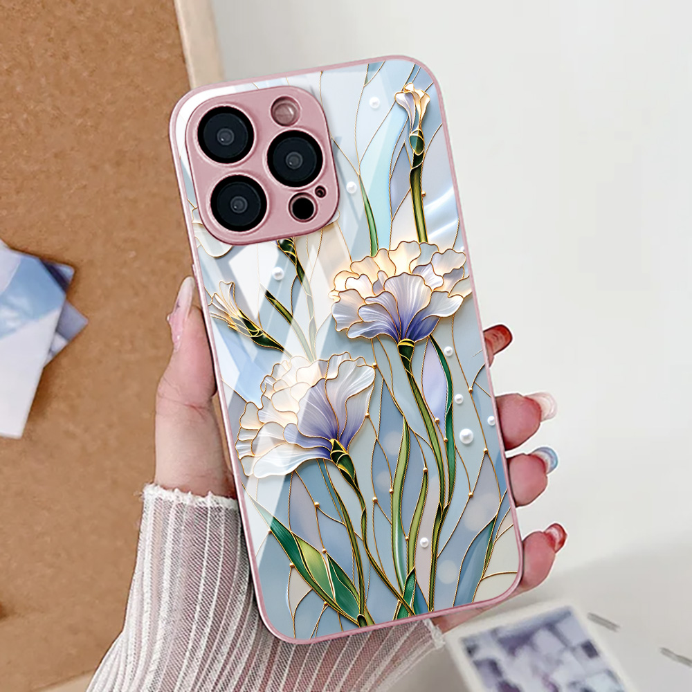 Pc Case Tempered Glass - 蓮の花柄 iPhoneケース iPhone 16 Proケース iPhone