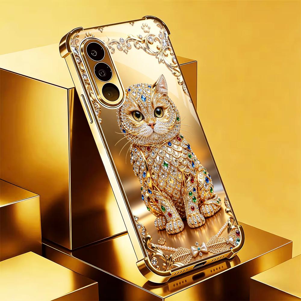 かわいい宝石柄の金色の猫の強化ガラス製ファッション携帯ケース - Pc Case Tempered Glass のレビューと価格