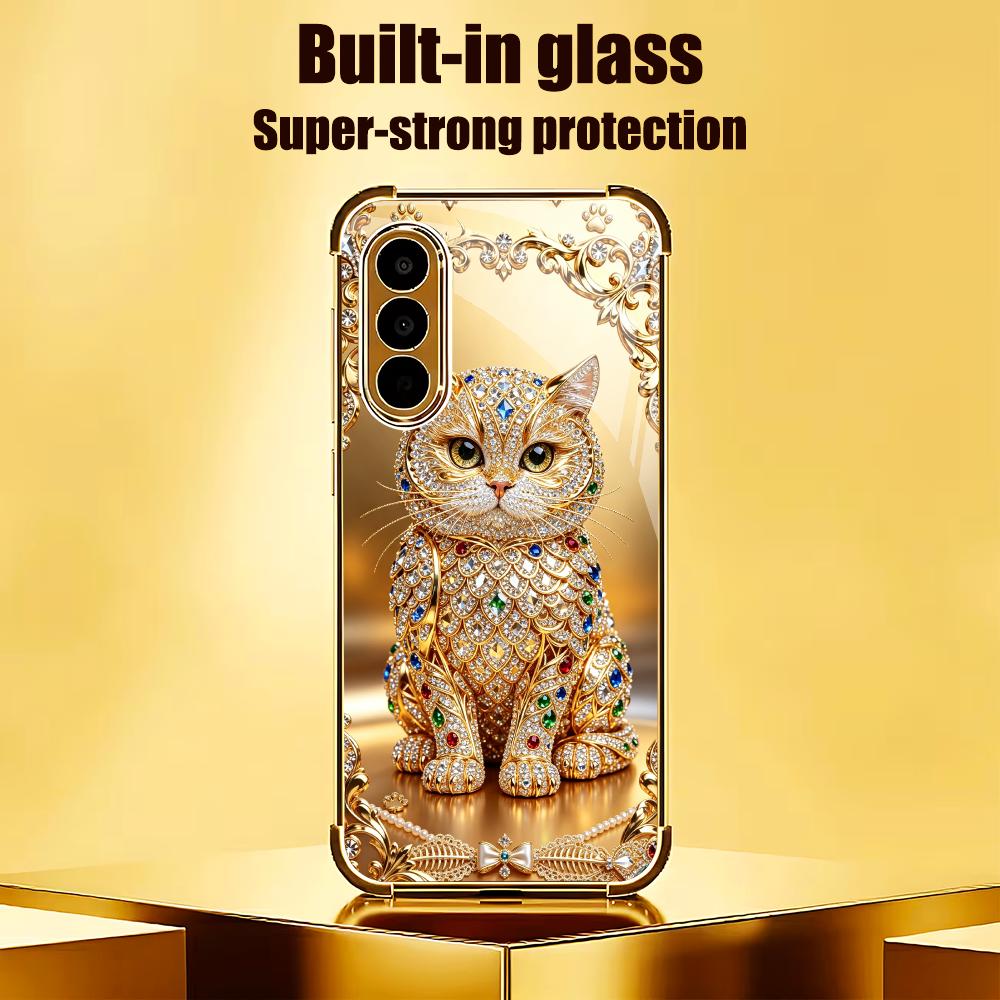 かわいい宝石柄の金色の猫の強化ガラス製ファッション携帯ケース - Pc Case Tempered Glass のレビューと価格