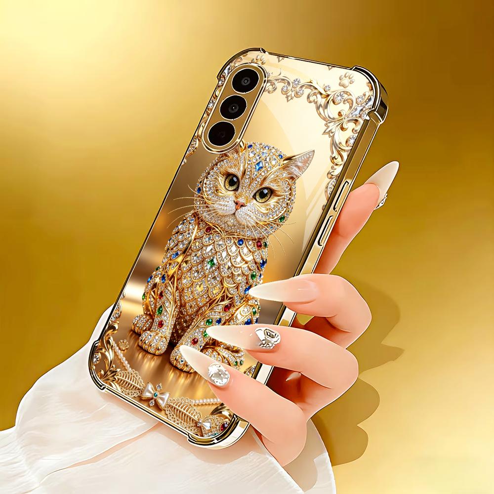 かわいい宝石柄の金色の猫の強化ガラス製ファッション携帯ケース - Pc Case Tempered Glass のレビューと価格