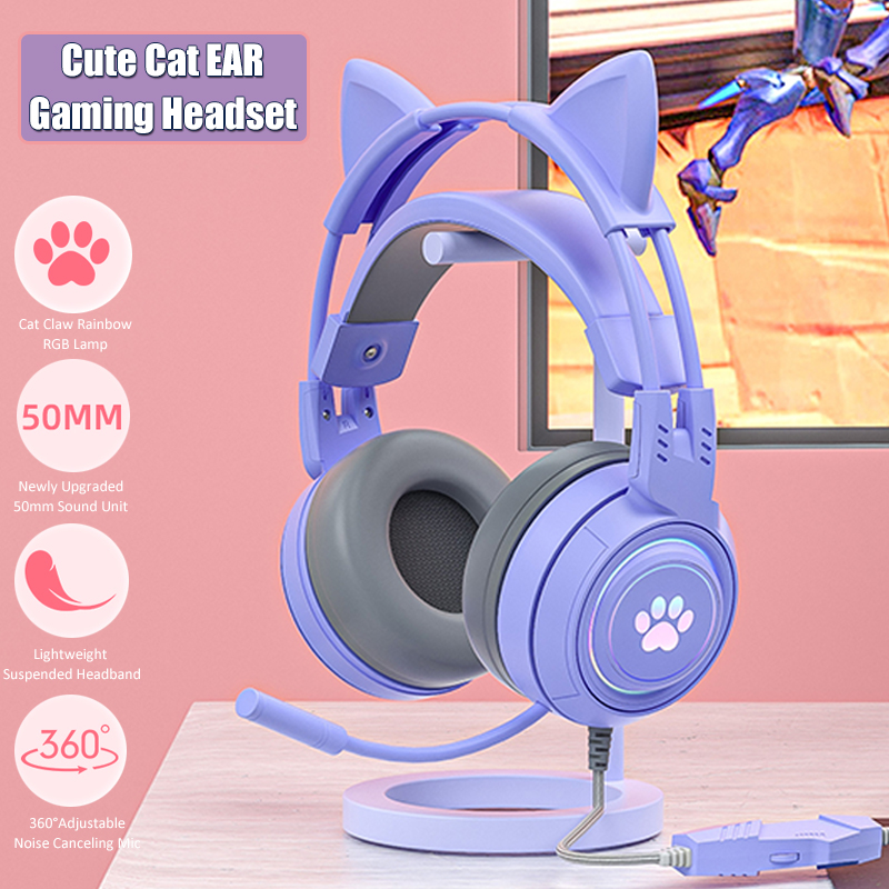 マイク付きのかわいい猫の耳のゲーミングヘッドフォン,RGBの - Pc Gaming Y Monitor のレビューと価格